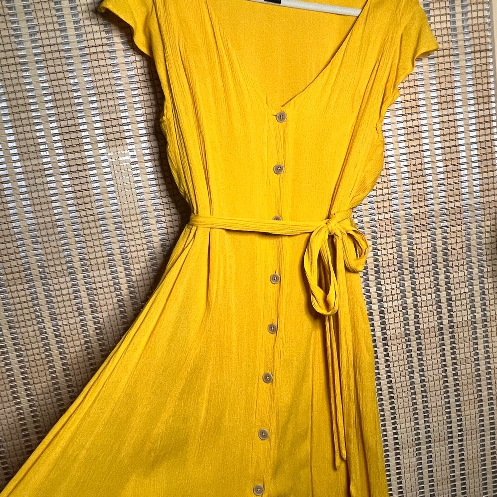 Sanctuary Yellow Button-Front Midi Dress with Tie Waist